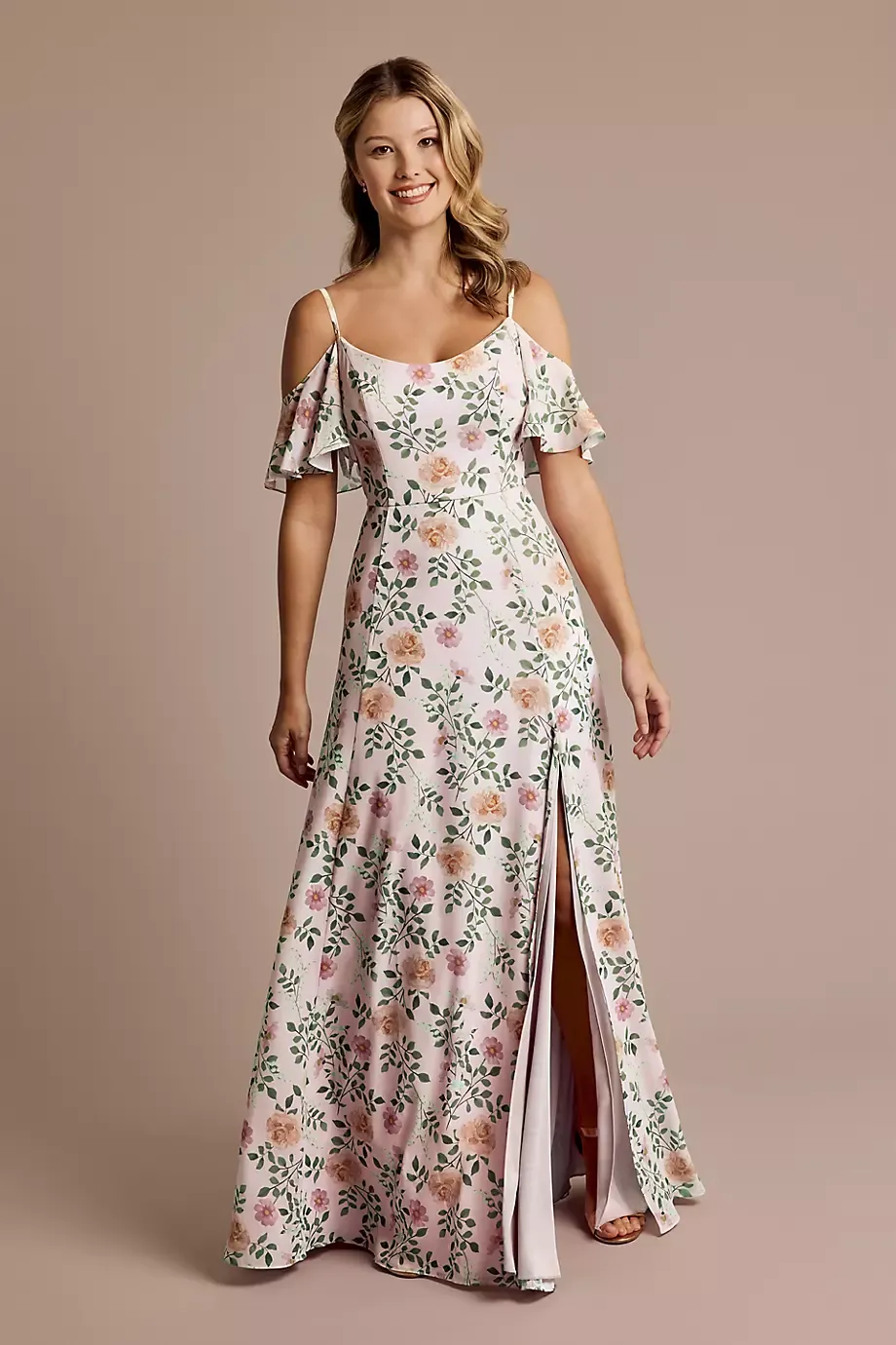 Celebrate DB Studio Floral Chiffon Cold-Shoulder Dress in Light Pink Floral Print Size: 24 David's Bridal