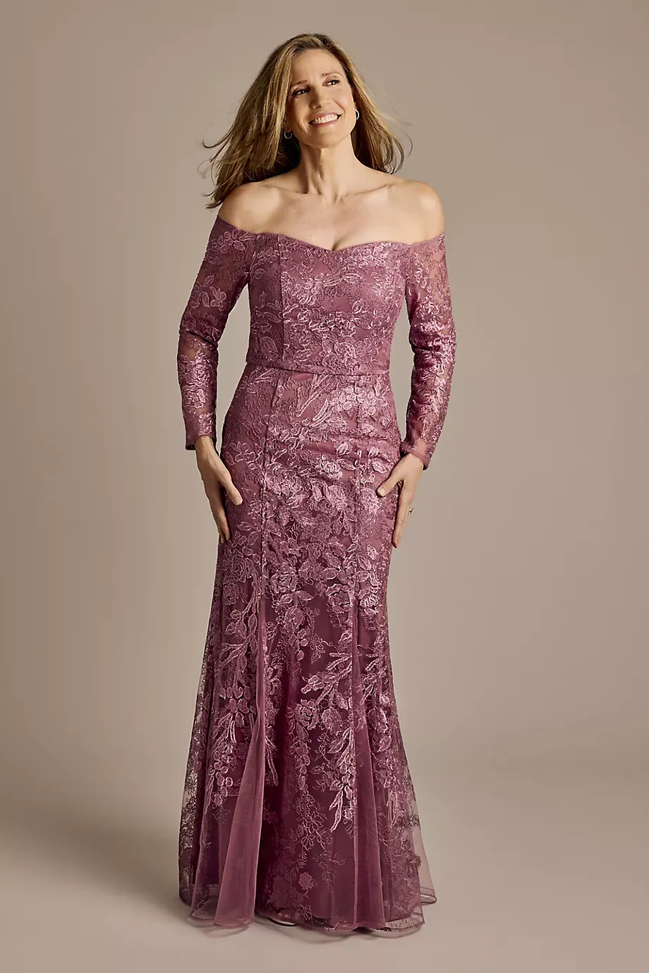 Oleg Cassini Long-Sleeve Off-The-Shoulder Mermaid Dress in Chianti Size: 4 David's Bridal