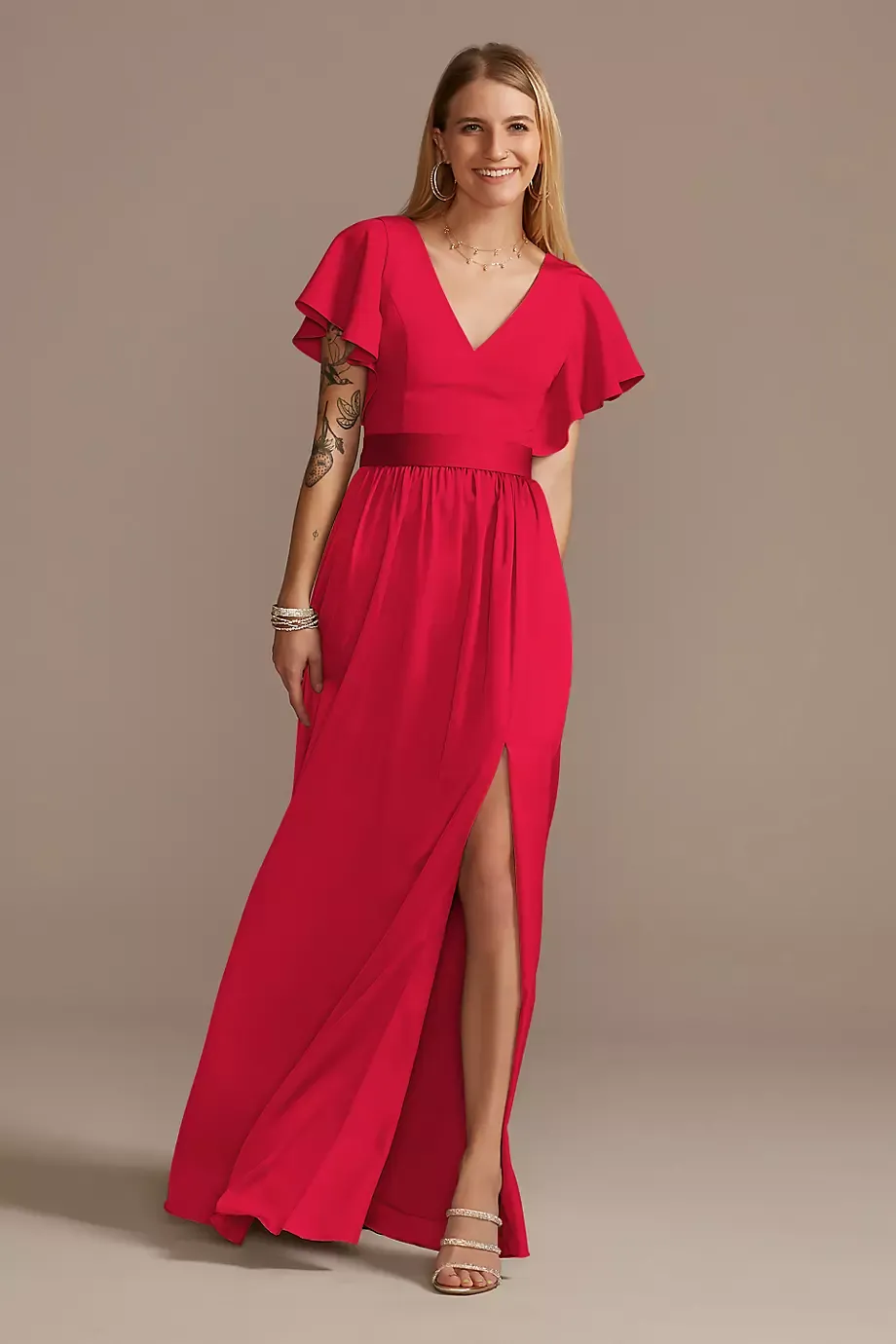 Celebrate DB Studio Flutter Sleeve Charmeuse Dress in Scarlet Size: 20 David's Bridal