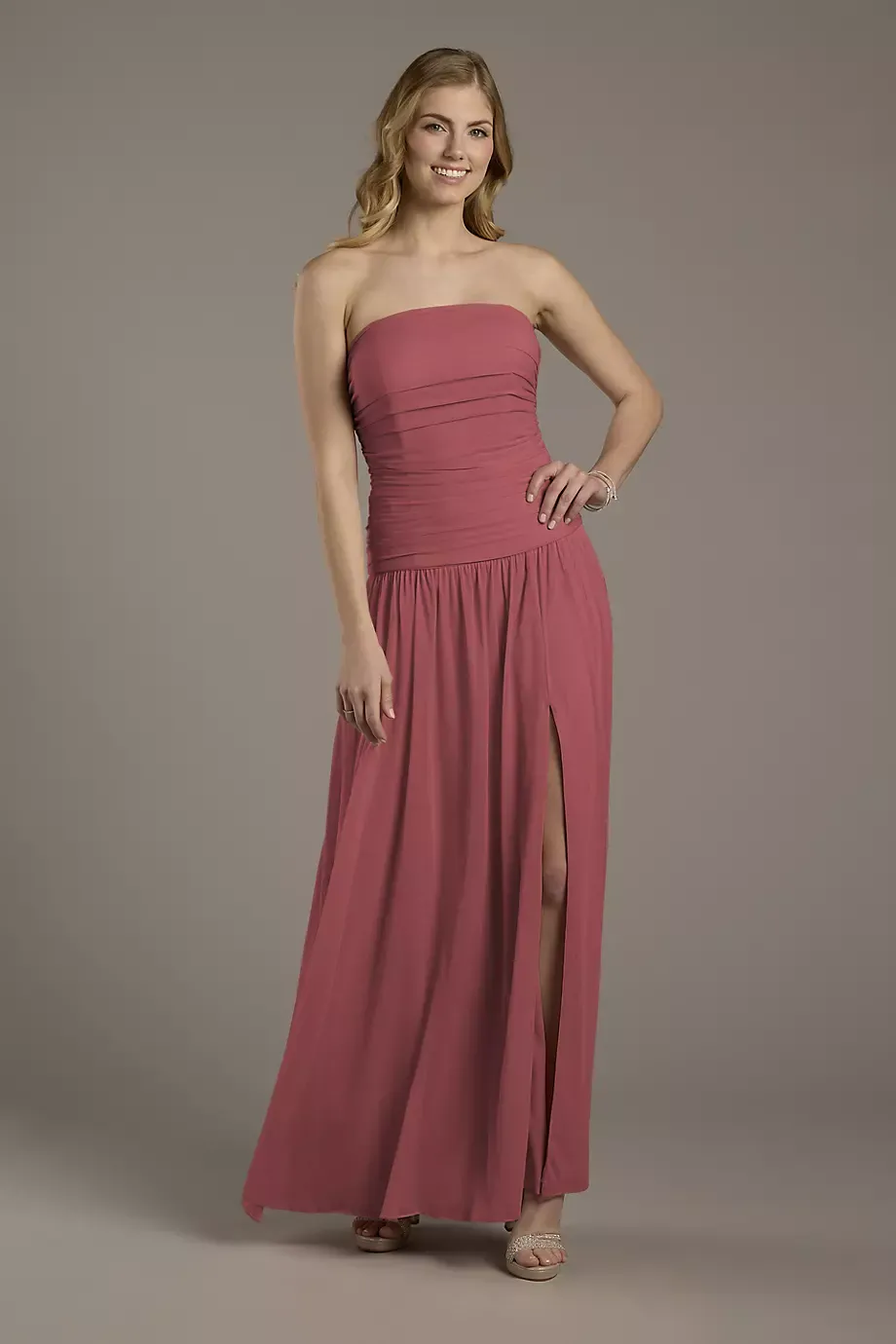 Celebrate DB Studio Mesh Strapless Drop Waist Dress in Chianti Size: 20 David's Bridal