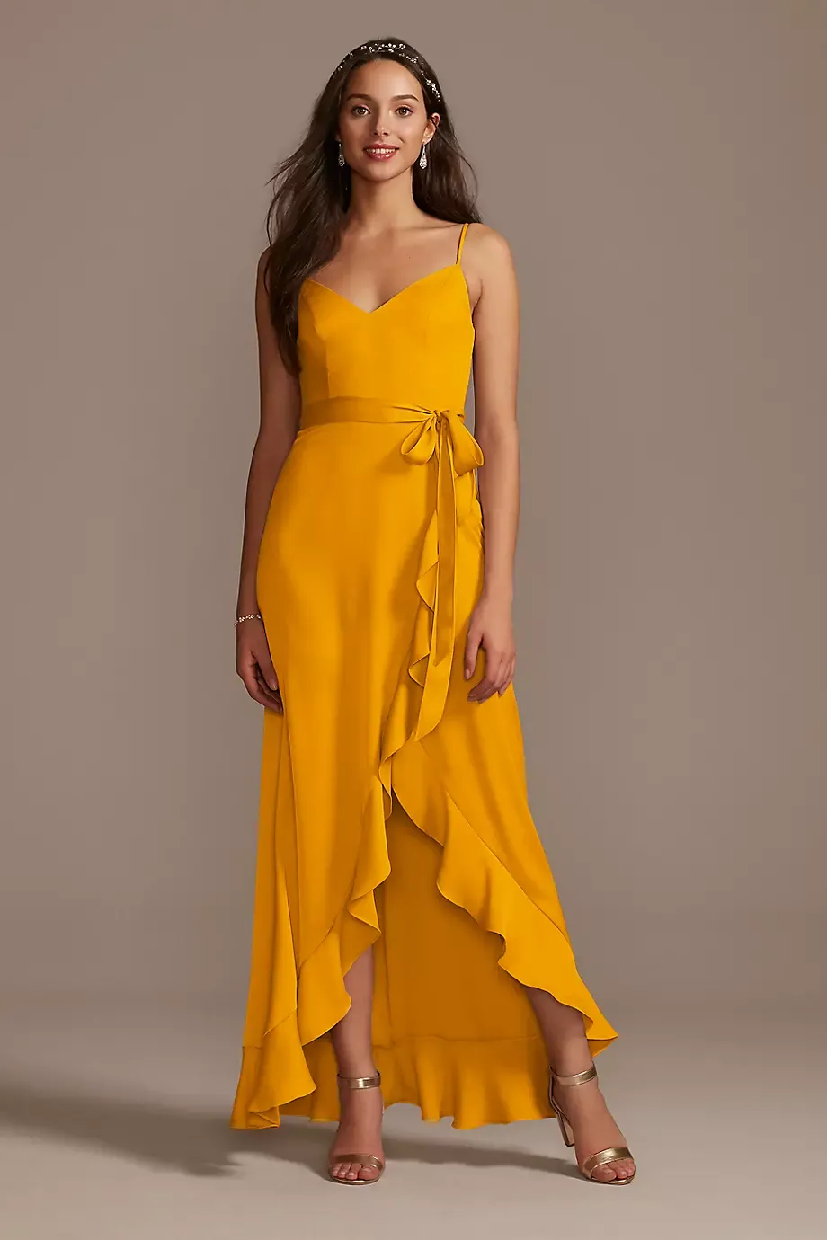 Celebrate DB Studio Spaghetti Strap Crepe Ruffle Dress in Marigold Size: 2 David's Bridal
