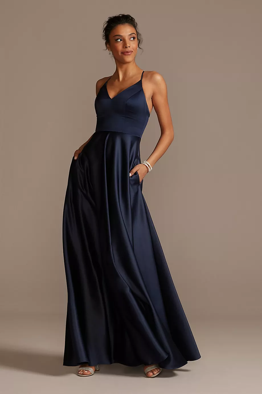 Celebrate DB Studio Spaghetti Strap Satin A-Line Long Bridesmaid Dress in Marine Size: 10 David's Bridal