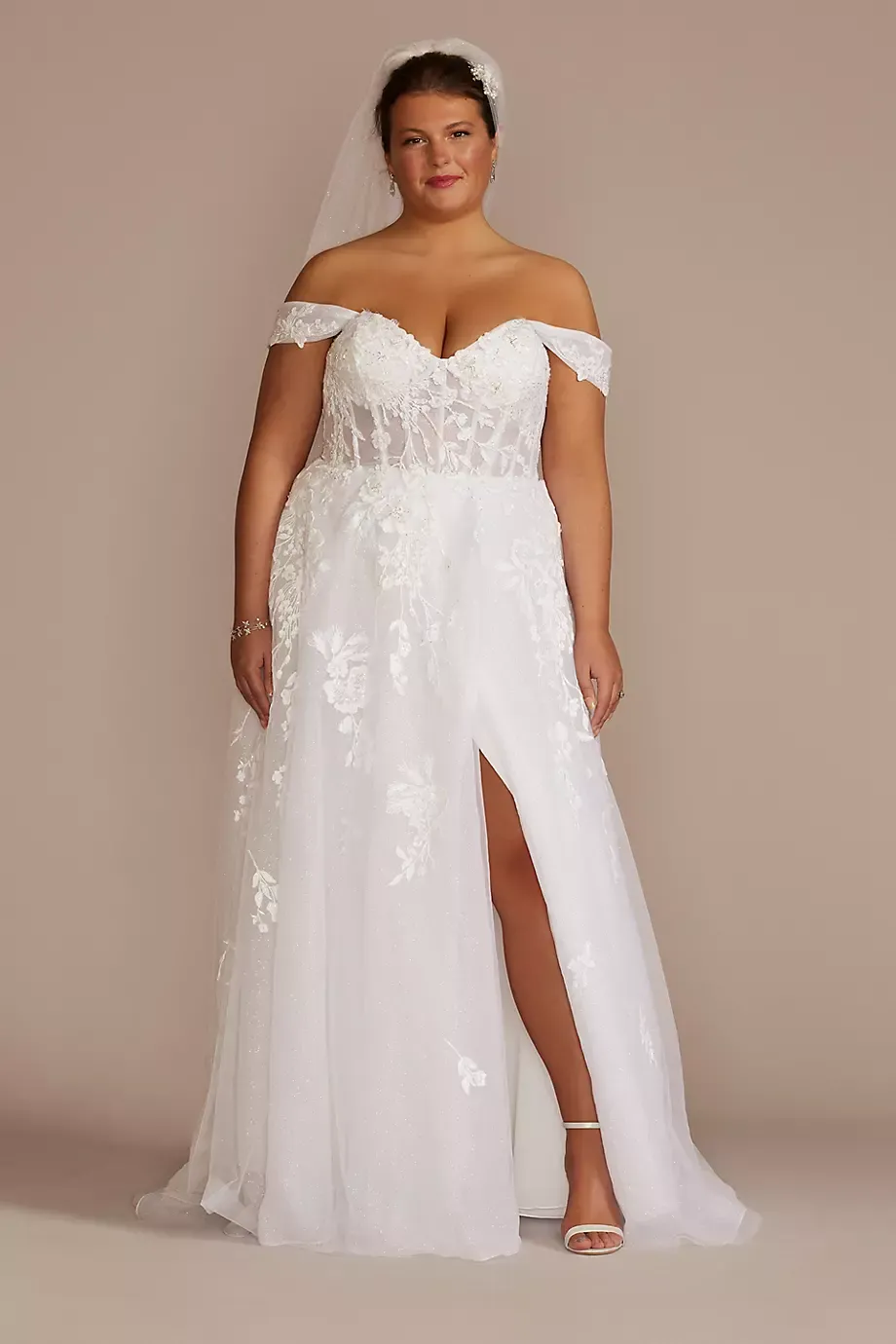 Galina Signature Floral Tulle Wedding Dress With Removable Sleeves in Solid White Size: 16W David's Bridal