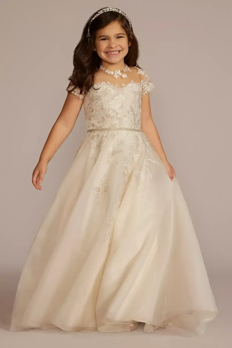 DB Studio Appliqued Cap Sleeve Lace-Up Flower Girl Dress in Solid Ivory Size: 12 David's Bridal