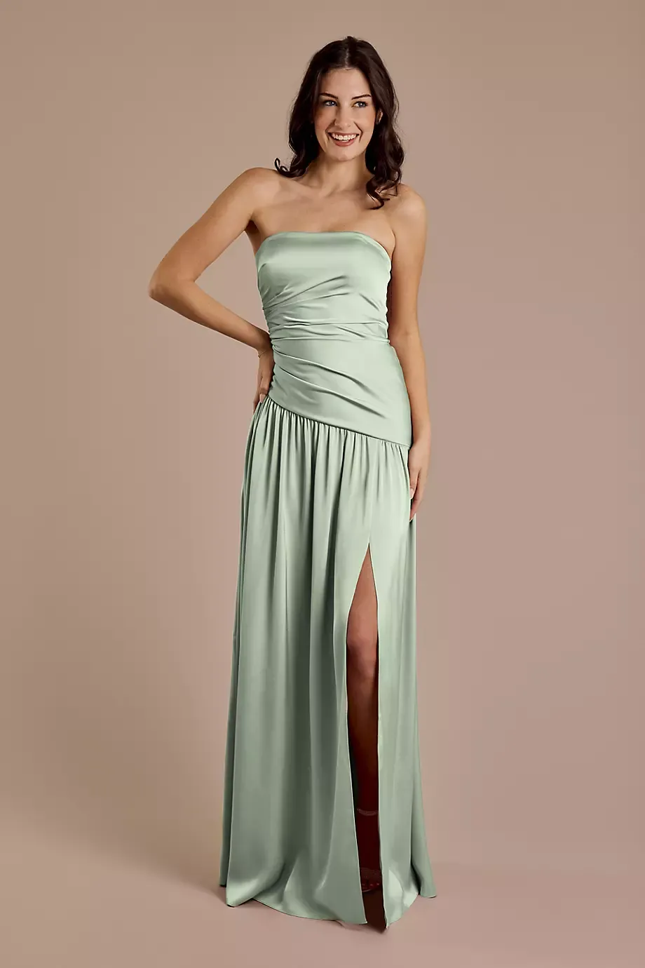 Galina Signature Matte Satin Strapless Drop Waist Dress in Dusty Sage Size: 14 David's Bridal