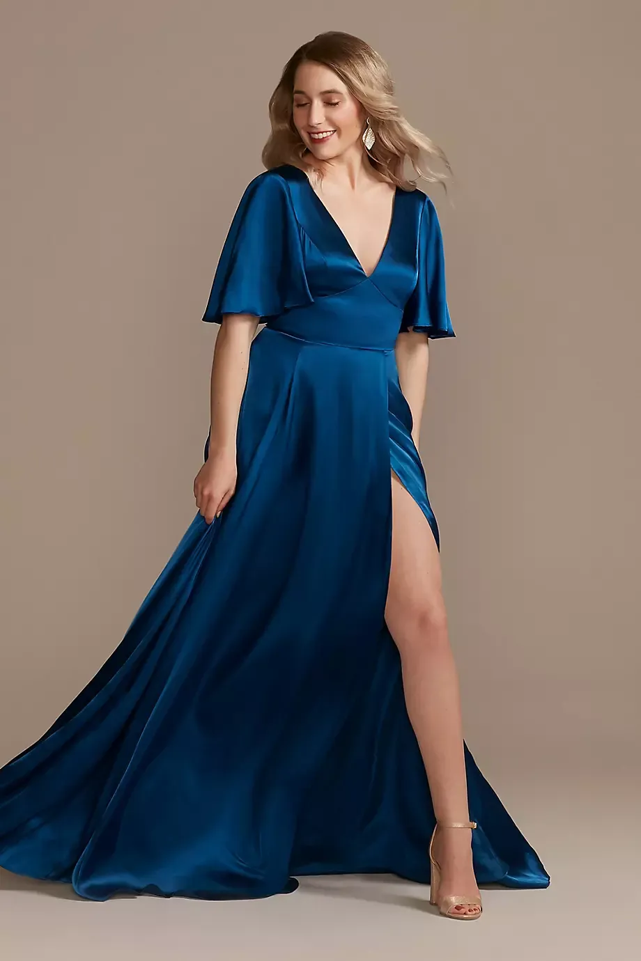 Galina Signature Charmeuse Flutter-Sleeve A-Line Dress in Sapphire Size: 4 David's Bridal