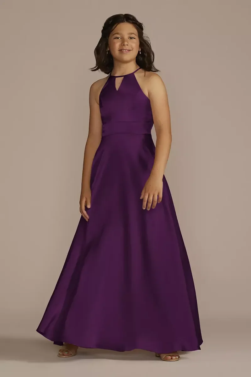 Galina Signature Charmeuse High-Neck Junior Bridesmaid Dress in Plum Size: 16 David's Bridal