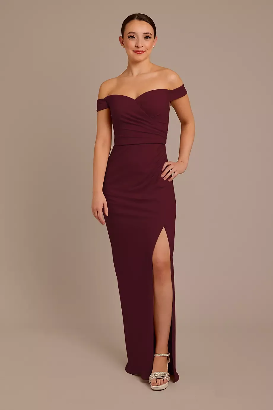 Celebrate DB Studio Structured Crepe Off-The-Shoulder Dress in Wine Size: 26 David's Bridal
