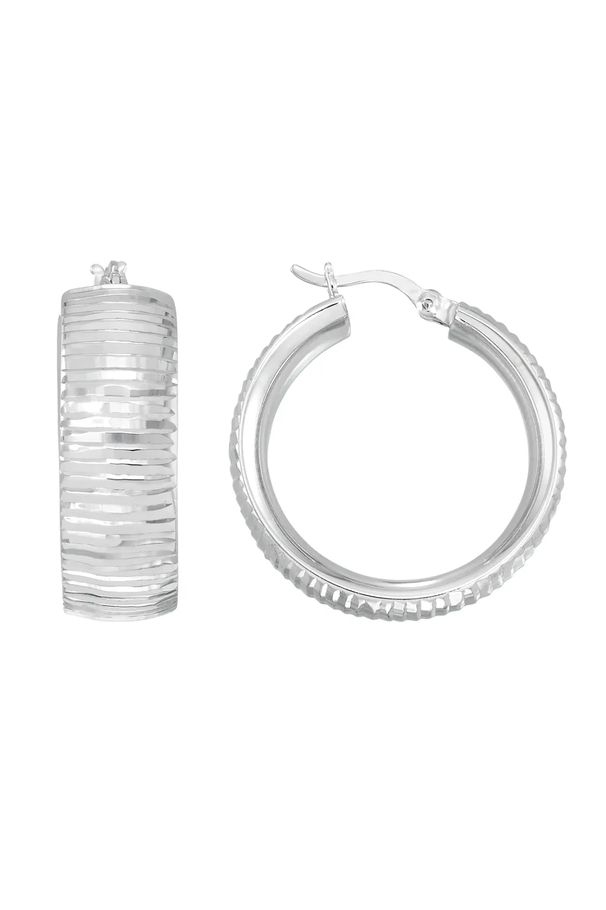 Platinum over Sterling Silver Diamond Cut Hoops