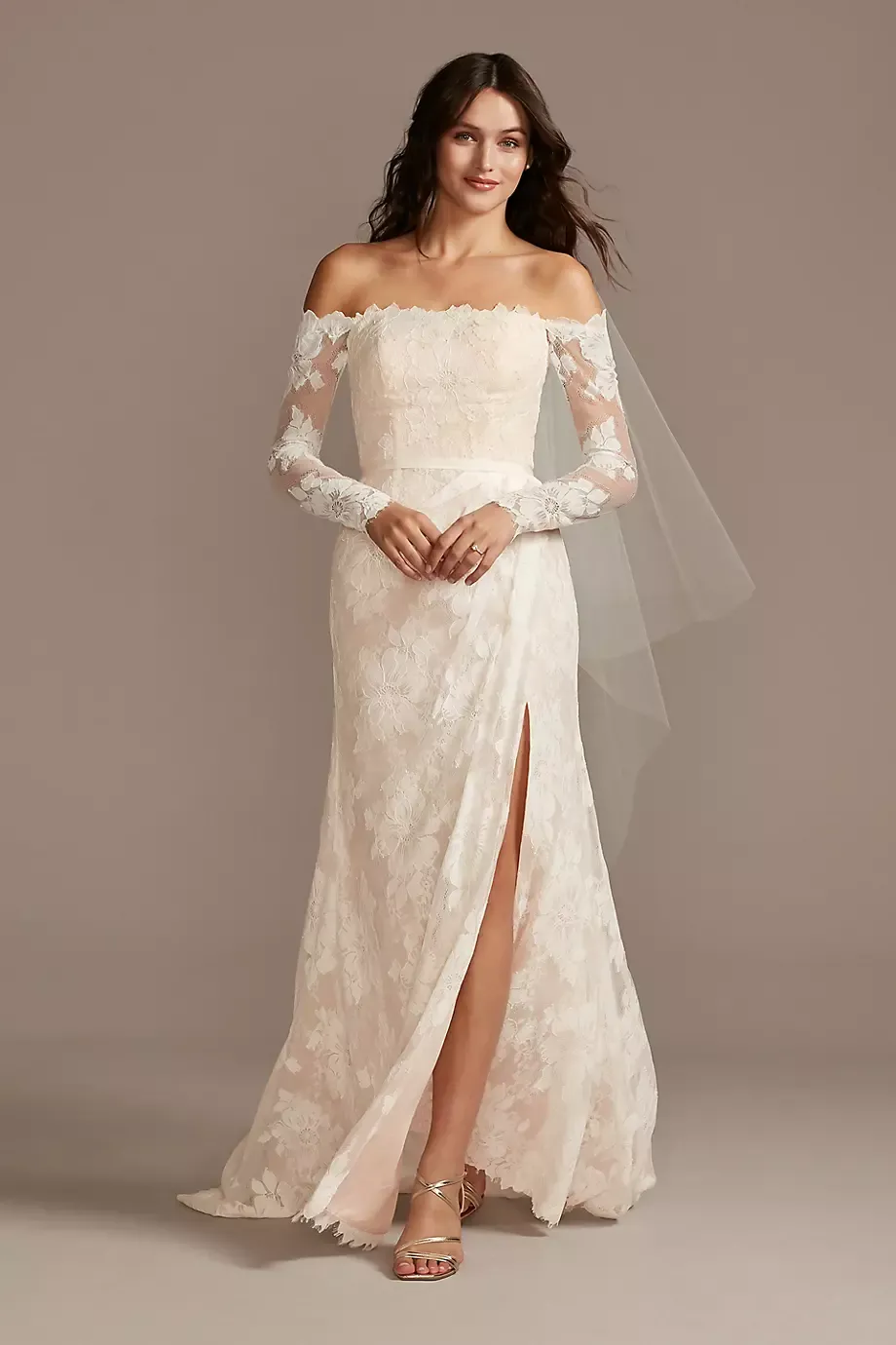 Melissa Sweet Large Floral Lace Long Sleeve Petite Wedding Dress in Ivory/Stone Size: 0P David's Bridal