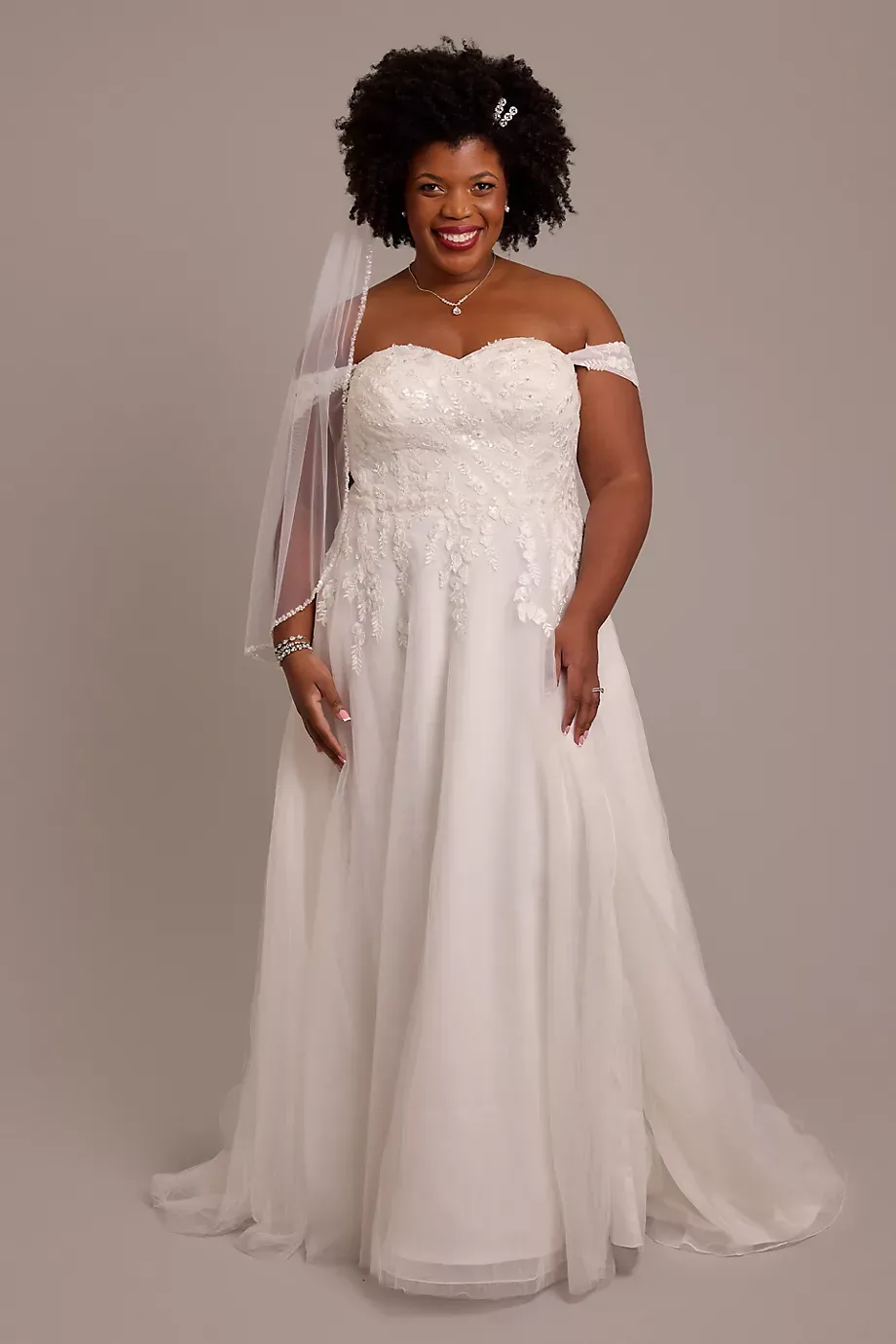 DB Studio Off-The-Shoulder Appliqued A-Line Wedding Dress in Soft White Size: 20W David's Bridal