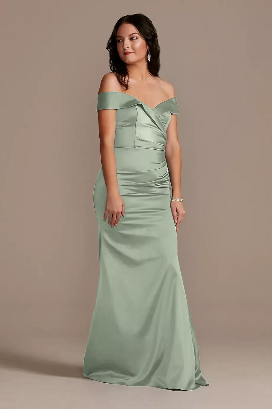 Galina Signature Satin Off-The-Shoulder Mermaid Dress in Dusty Sage Size: 10 David's Bridal