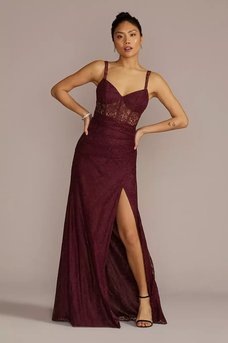 Galina Signature Lace Corset Bodice Dress With Slit in Wine Size: 24 David's Bridal