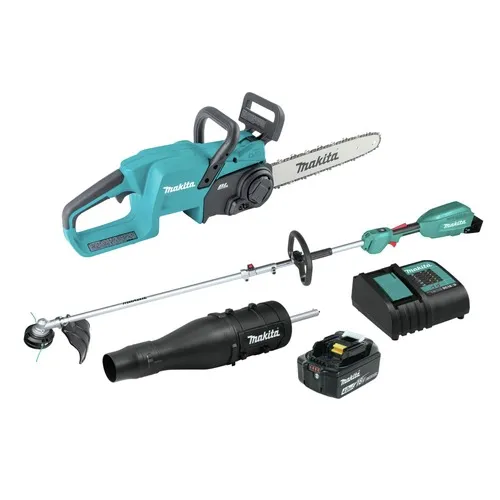 Makita 18V LXT Brushless 14 in. Cordless Chain Saw and Couple Shaft Power Head Kit with 13 in. String Trimmer and Blower Attachments Bundle (4 Ah) - XUX02SM1X3XCU11Z