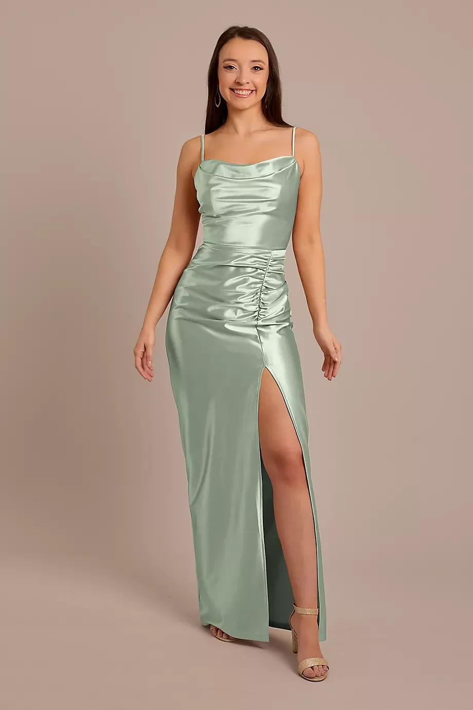 Celebrate DB Studio Sculpting Satin Cowl Neck Ruched Dress in Dusty Sage Size: 20 David's Bridal