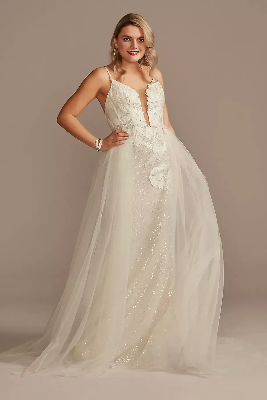 As Is Sequin Applique Wedding Dress With Removable in Ivory/Stone Size: 6 David's Bridal