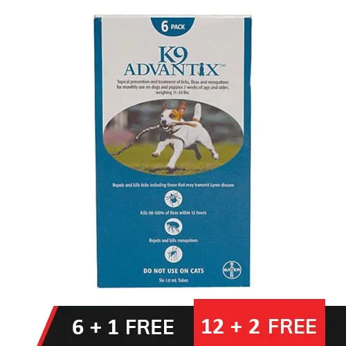 K9 Advantix Medium Dogs 11-20 Lbs (Aqua) 6 + 1 Dose Free