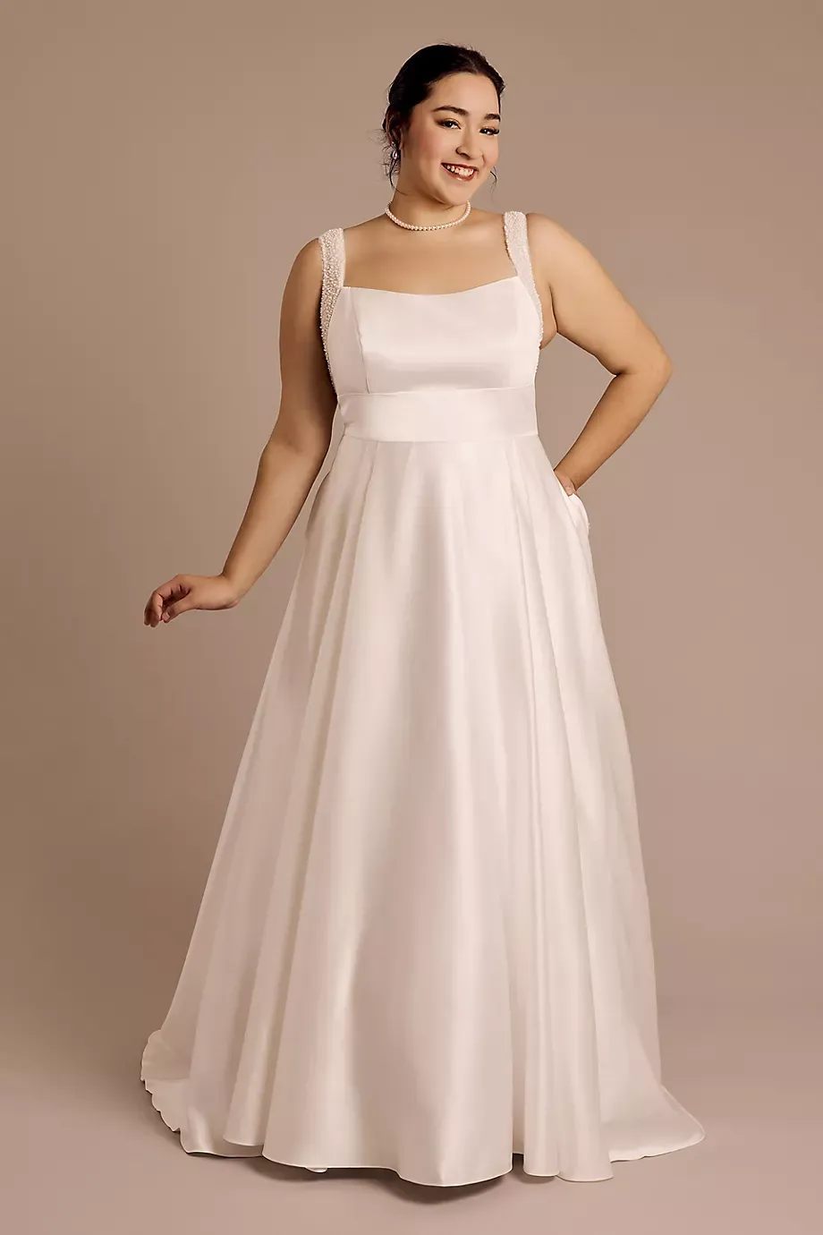 DB Studio Satin Ball Gown Wedding Dress With Pearl Straps in Soft White Size: 26W David's Bridal