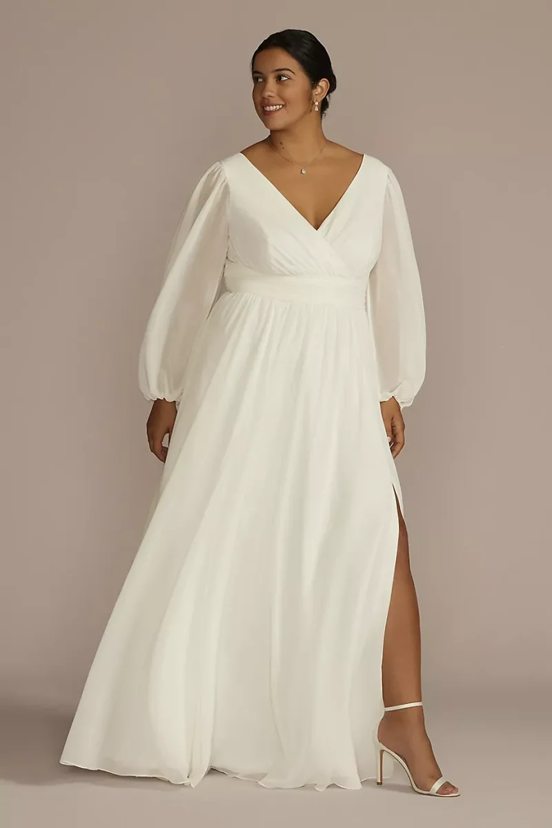 DB Studio Long Billow Sleeve Chiffon A-Line Wedding Dress in Ivory Size: 16W David's Bridal