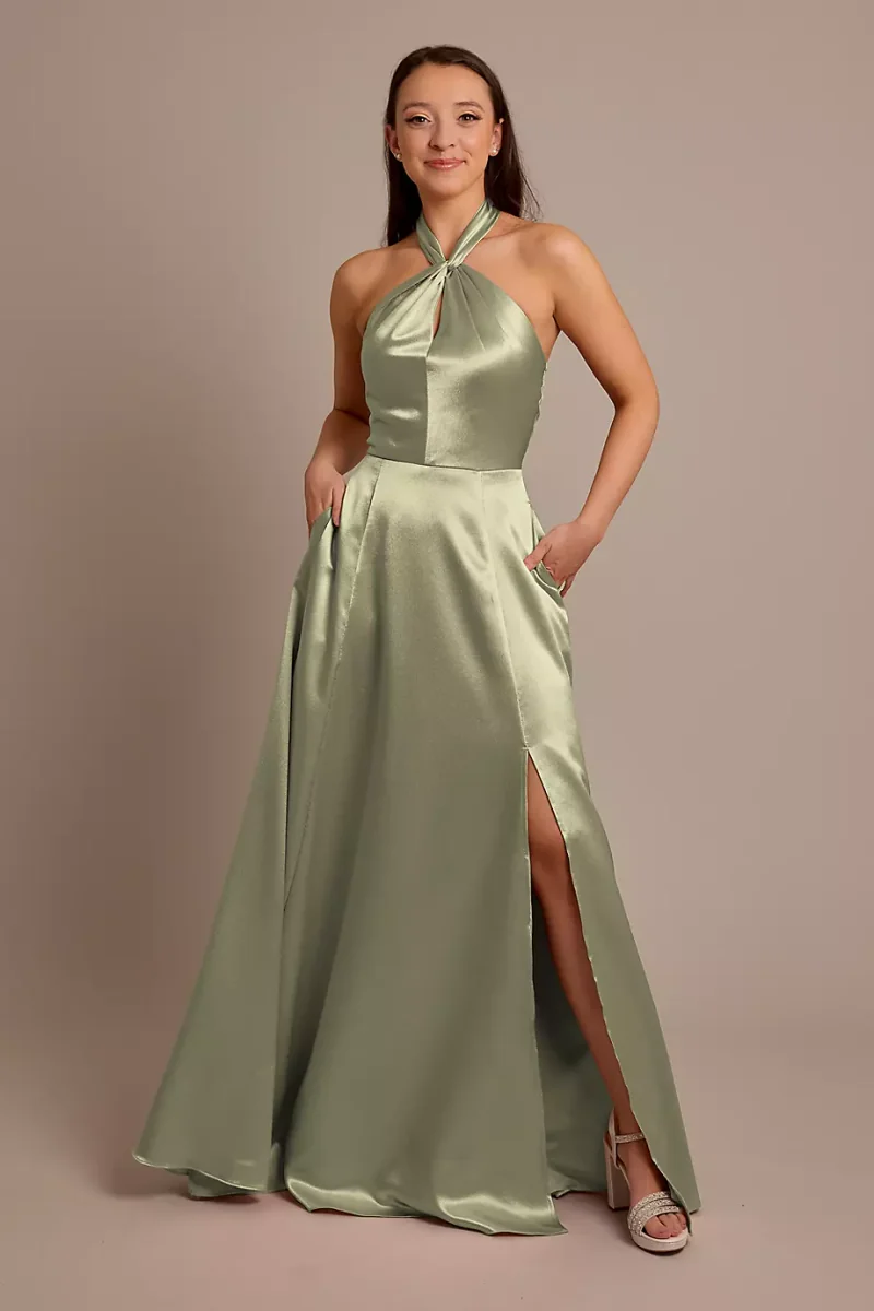 Celebrate DB Studio Luxe Charmeuse Halter Dress in Eucalyptus Size: 22 David's Bridal