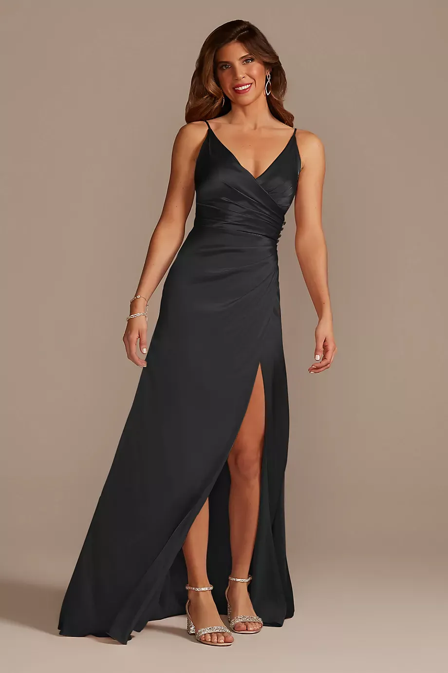 Galina Signature Tall Charmeuse Draped Strappy Dress in Black Size: 28 David's Bridal