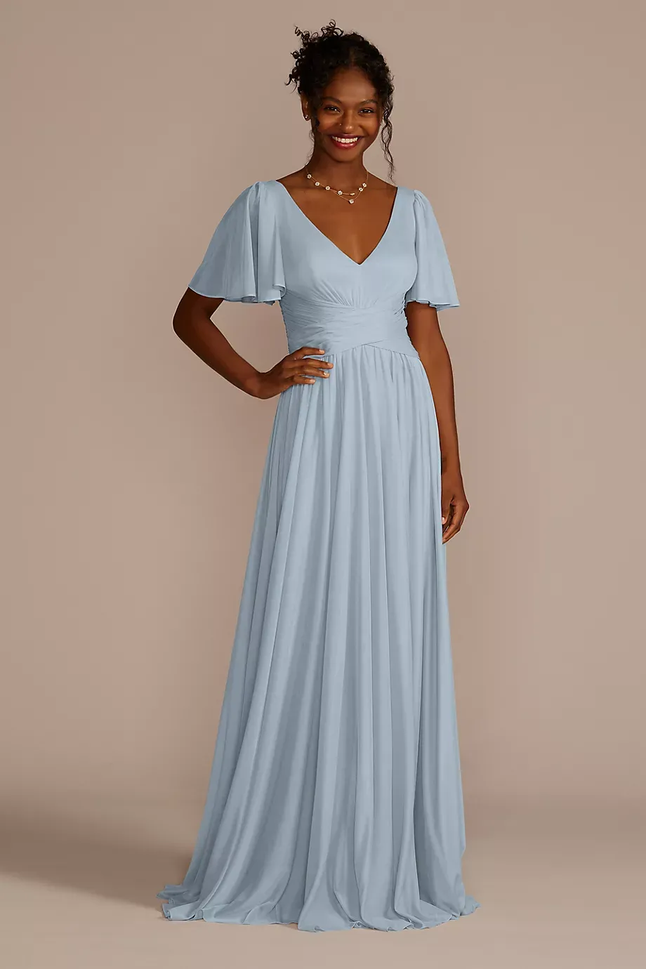 Celebrate DB Studio Flutter Sleeve Crisscross Mesh Dress in Dusty Blue Size: 26 David's Bridal