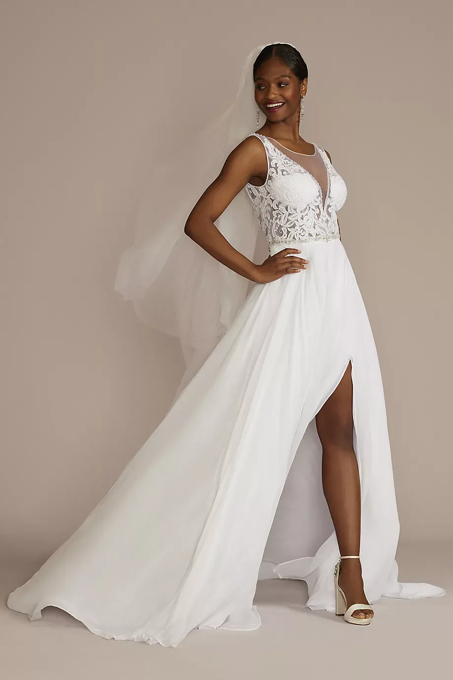 Galina Signature Applique Illusion Chiffon Wedding Dress in White Size: 2 David's Bridal