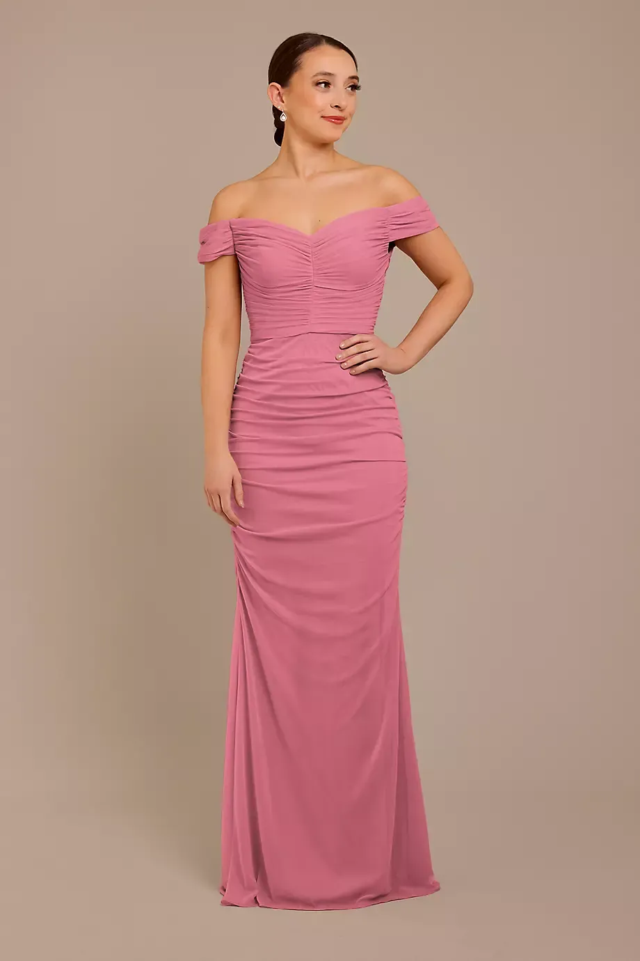 Celebrate DB Studio Mesh Off-The-Shoulder Ruched Dress in Rose Pink Size: 16 David's Bridal