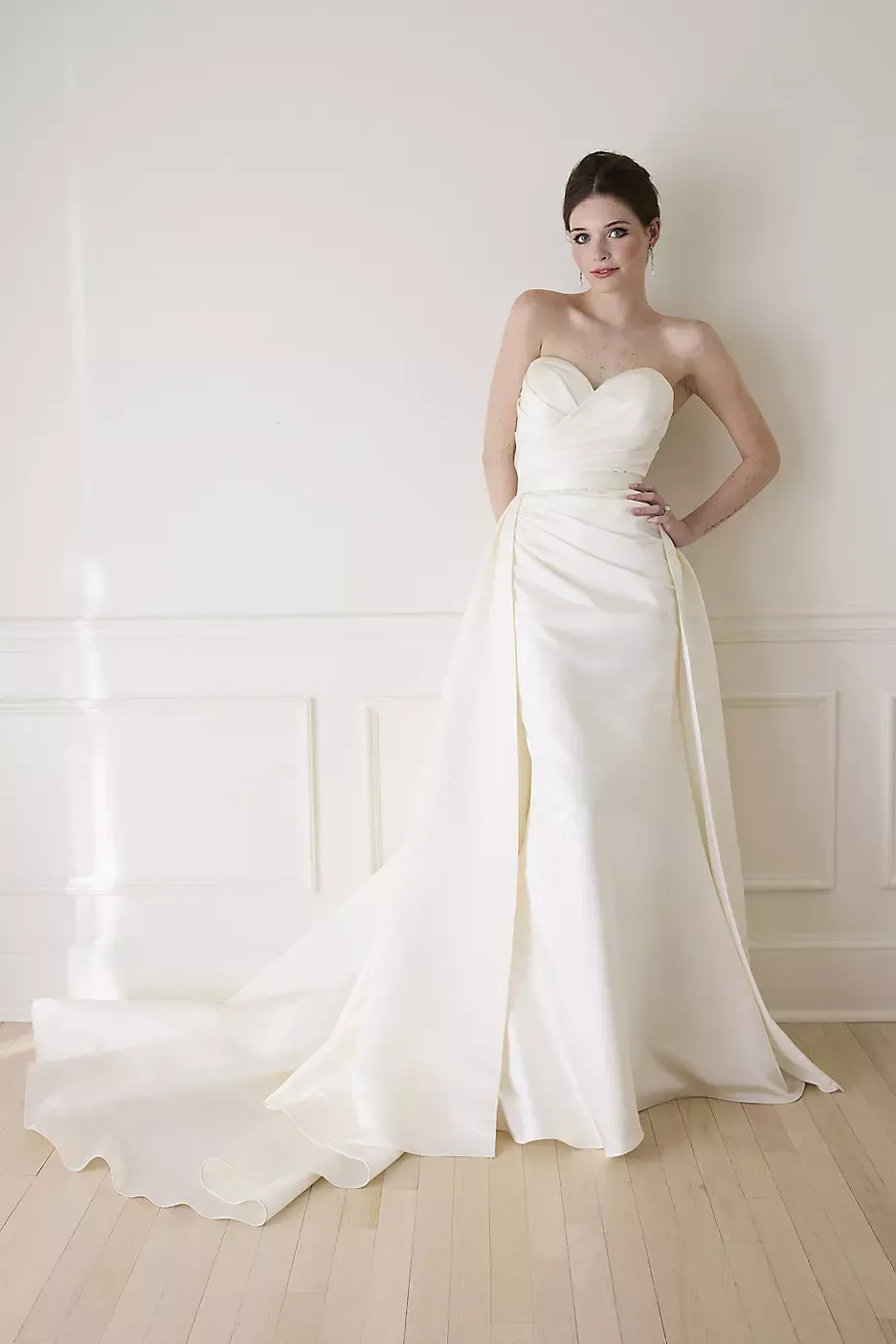 DB Studio Satin Ruched Bodice Wedding Dress With Overskirt in Ivory Size: 14 David's Bridal