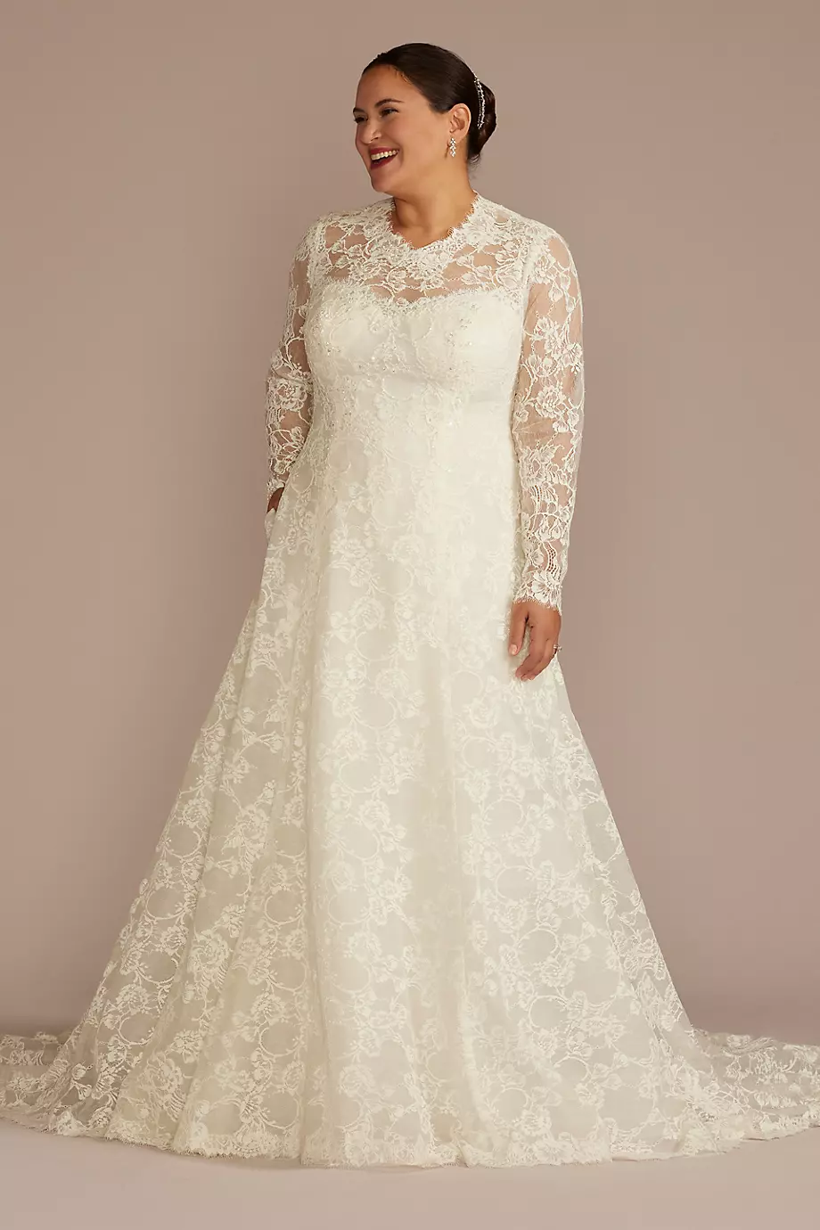 Oleg Cassini Allover Lace Long Sleeve Mock Neck Wedding Dress in Ivory Size: 26W David's Bridal