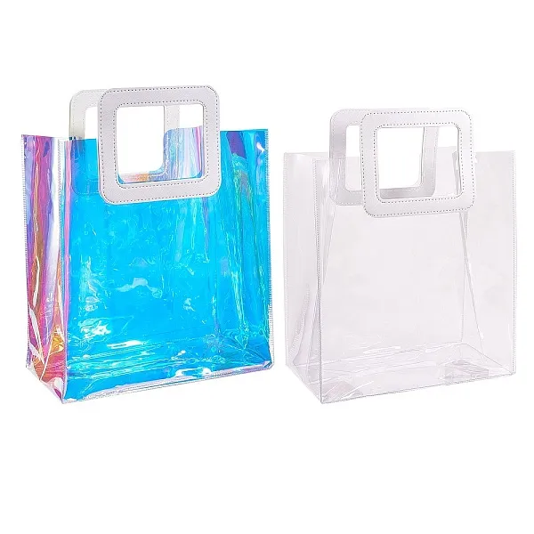 PandaHall 2 Colors PVC Laser Transparent Bag, Tote Bag, with PU Leather Handles, for Gift or Present Packaging, Rectangle, White, Finished...
