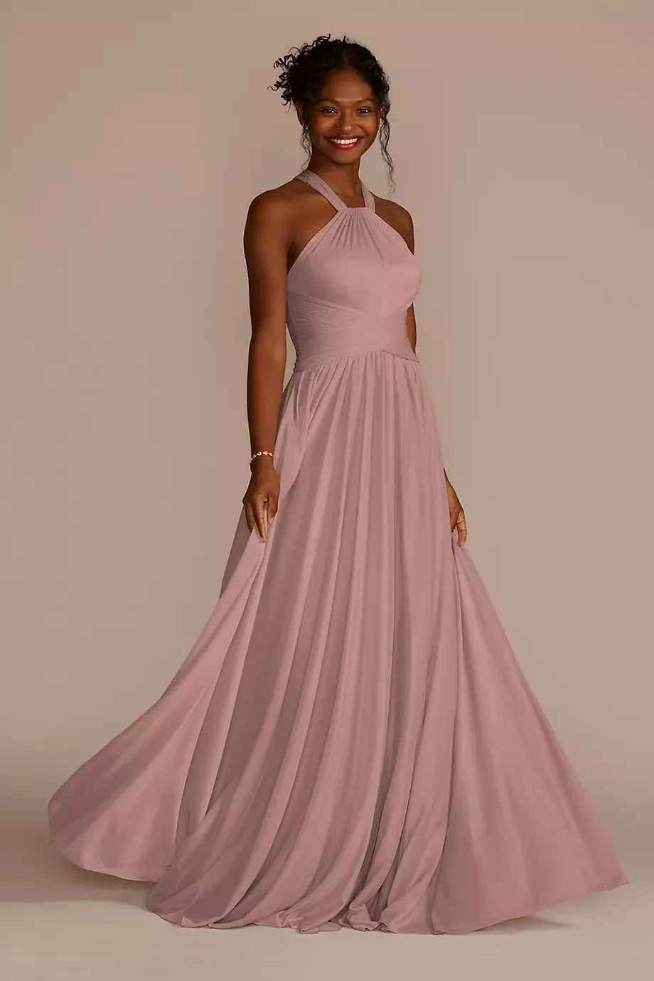 Celebrate DB Studio High-Neck Mesh Bridesmaid Dress With Full Skirt in Quartz Size: 4 David's Bridal