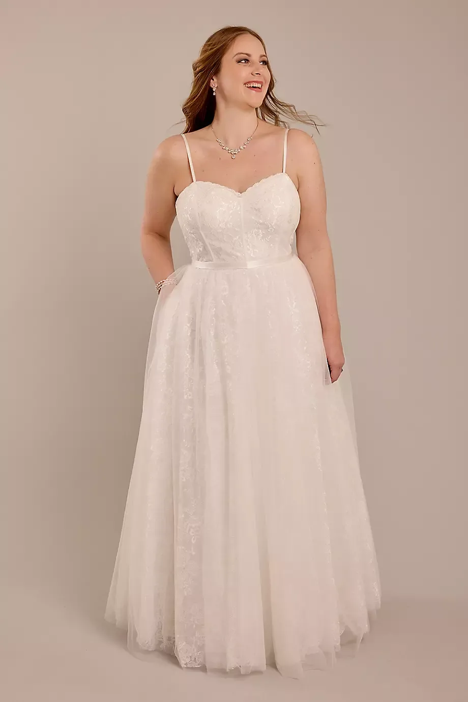 DB Studio Strapless Lace And Tulle Corset Wedding Dress in Soft White Size: 16W David's Bridal