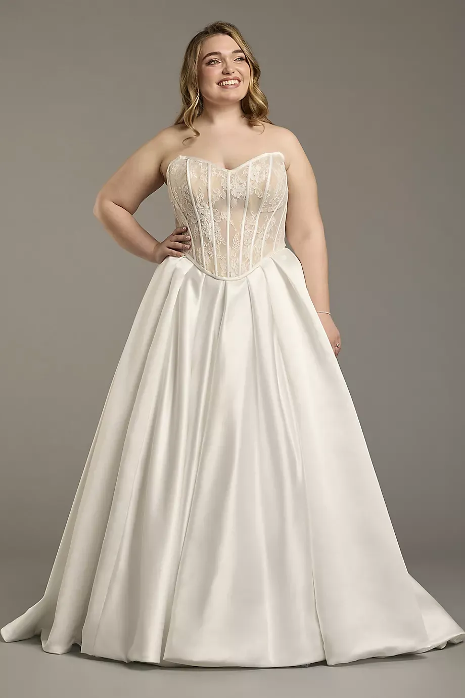 Oleg Cassini Two-Piece Satin Corset Ball Gown in Soft White Size: 16W David's Bridal