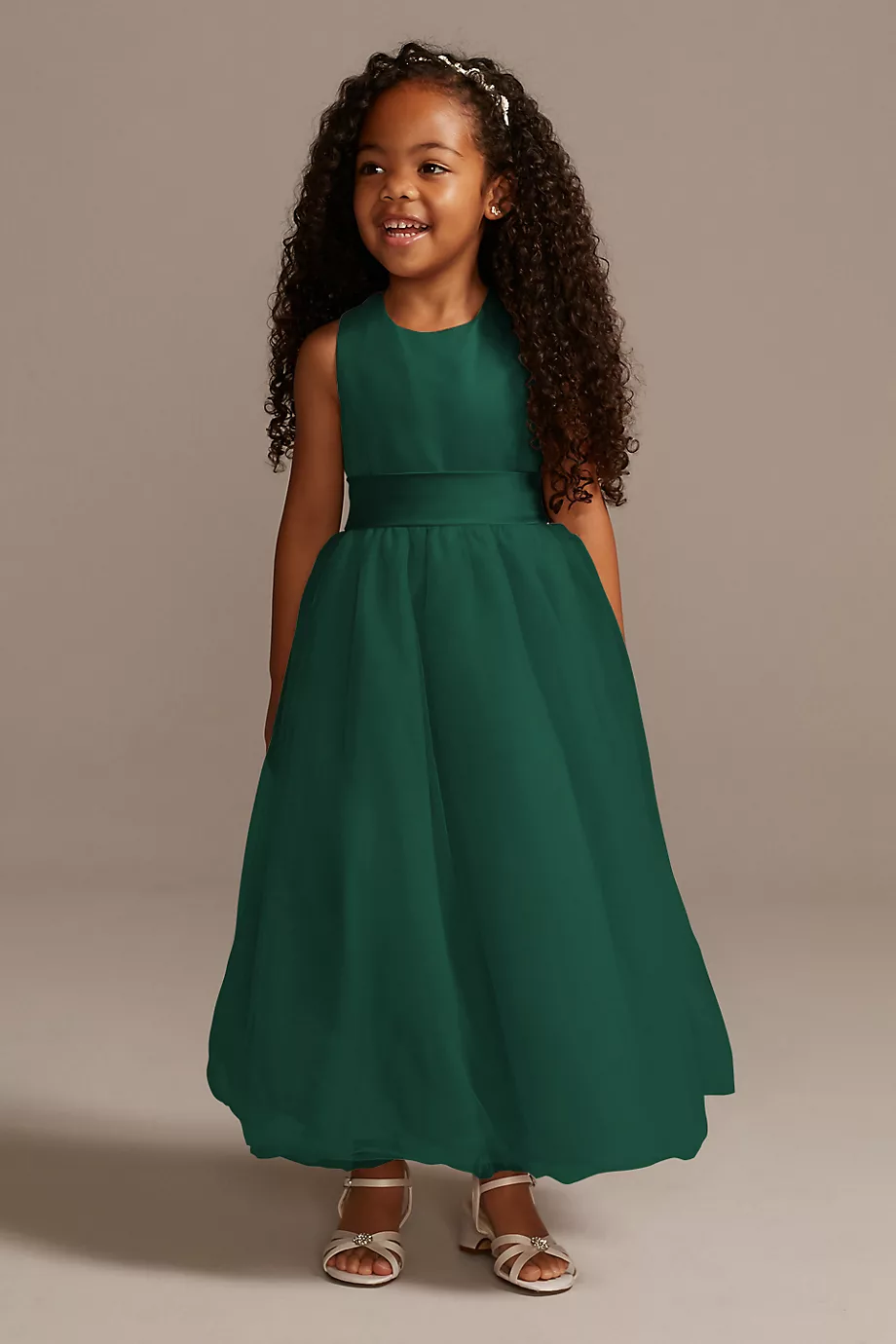 Satin Flower Girl Dress With Tulle Skirt in Juniper Size: 7 David's Bridal