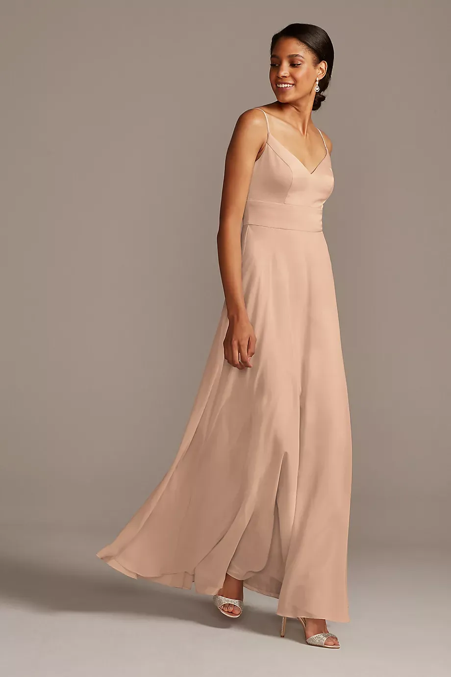 Spaghetti Strap Crepe-Back Satin Dress in Sand Size: 22 David's Bridal