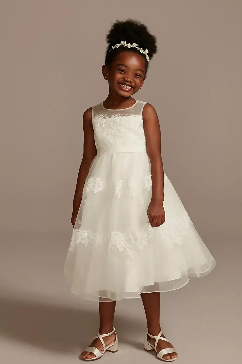 Banded Lace Illusion Flower Girl Dress in Ivory Size: 7 David's Bridal