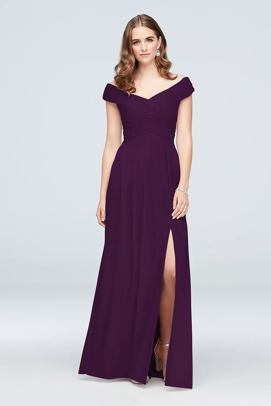 Celebrate DB Studio Crisscross Off-The-Shoulder Mesh Bridesmaid Dress in Plum Size: 14 David's Bridal