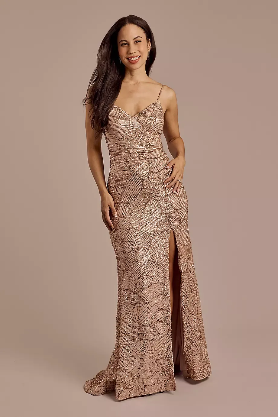 Galina Signature Patterned Sequin Side Draped Sheath Dress in Gold Size: 12 David's Bridal