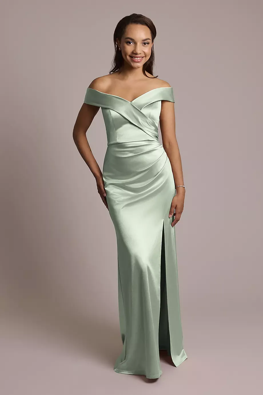 Celebrate DB Studio Sculpting Satin Cross-Front Dress in Dusty Sage Size: 10 David's Bridal