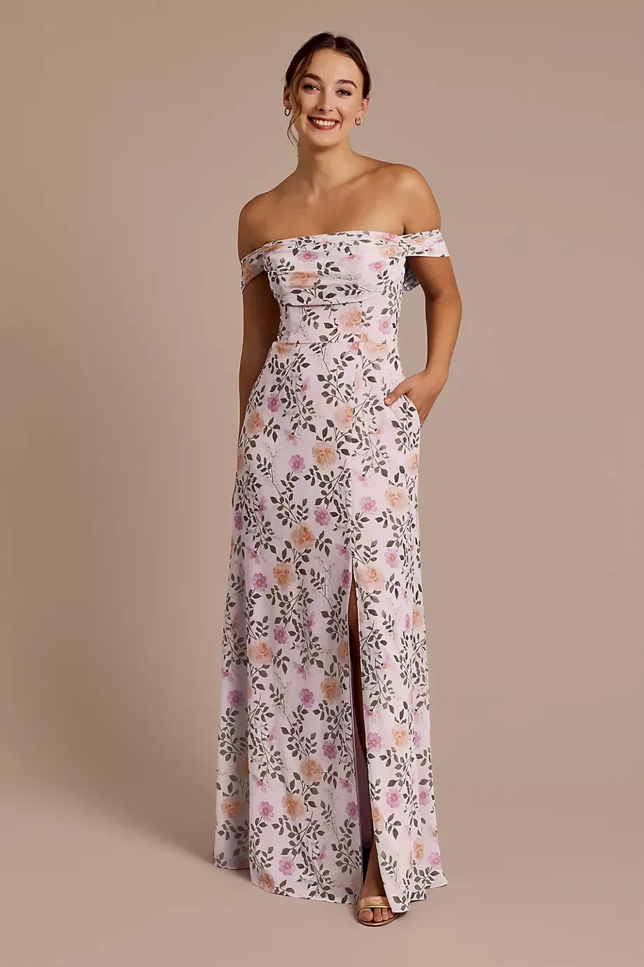 Celebrate DB Studio Floral Print Chiffon Off-The-Shoulder Draped Dress in Light Pink Floral Print Size: 16 David's Bridal
