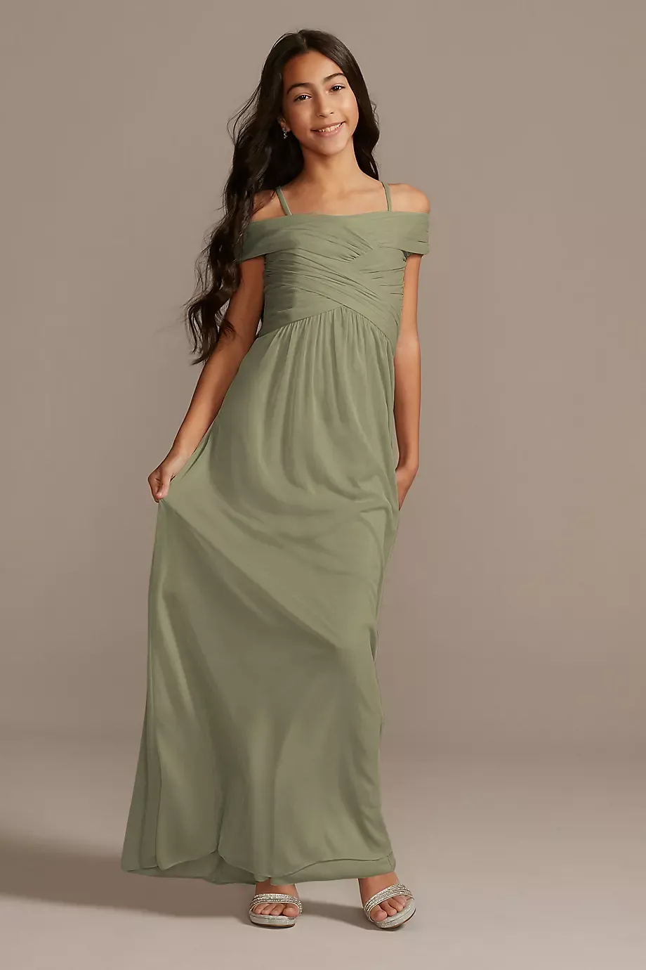 Celebrate DB Studio Crisscross Off-Shoulder Girls Dress in Eucalyptus Size: 8 David's Bridal