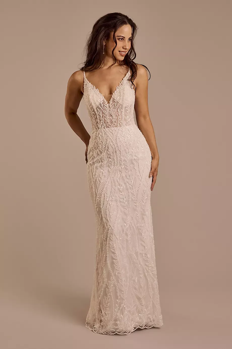 Melissa Sweet Beaded V-Neck Sheath Wedding Dress in Ivory/Sand Size: 4 David's Bridal