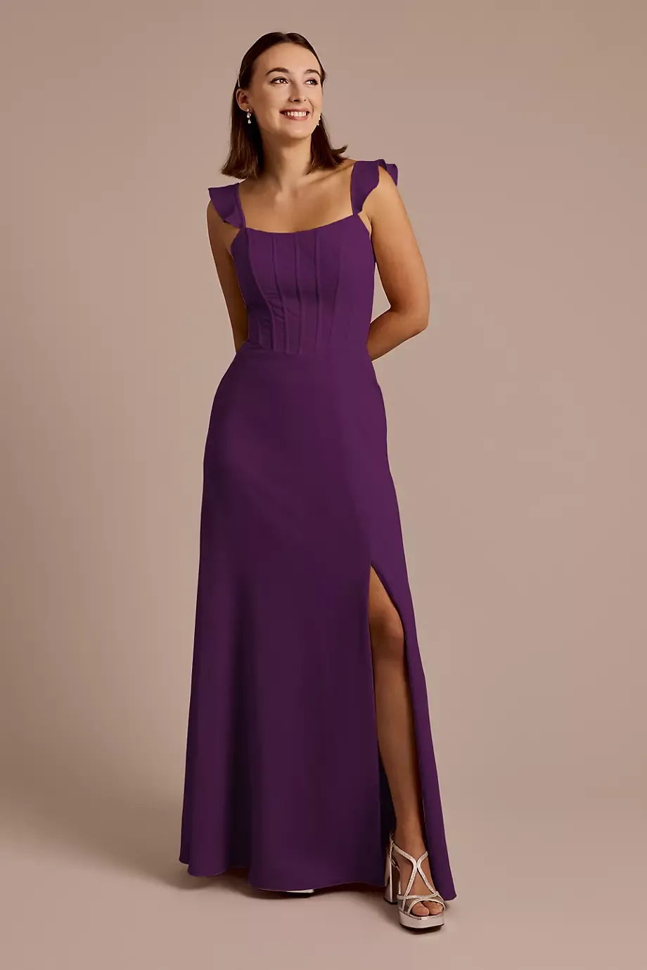 Celebrate DB Studio Chiffon Corset Dress With Flutter Sleeves in Plum Size: 18 David's Bridal