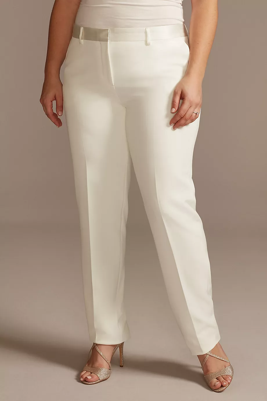 Satin Waistband Fitted Plus Size Suit Pants in Ivory Size: 30W David's Bridal