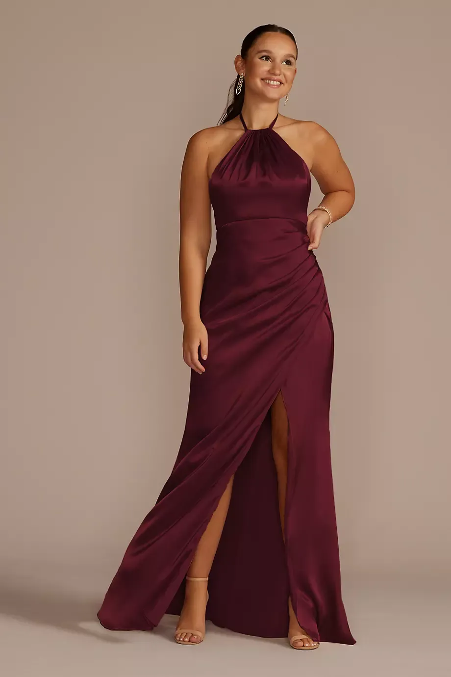 Galina Signature Tie-Neck Charmeuse Halter Dress in Wine Size: 12 David's Bridal
