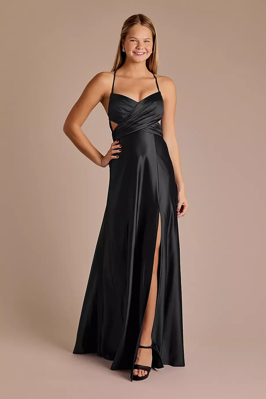 Jules and Cleo Satin Cutout Waist A-Line Dress in Black Size: 10 David's Bridal