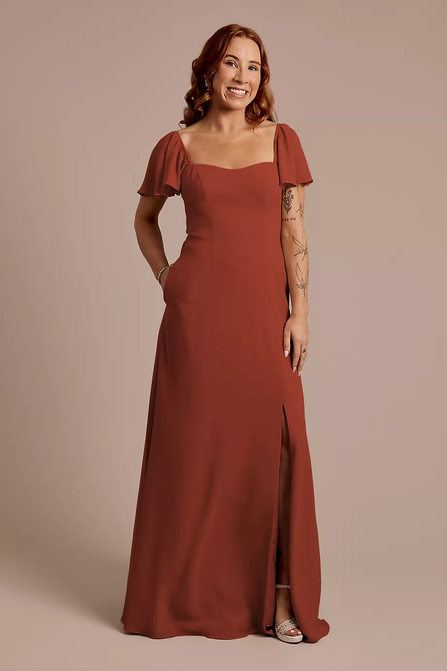 Celebrate DB Studio Chiffon Flutter Sleeve Dress With Basque Waist in Cinnamon Size: 6 David's Bridal