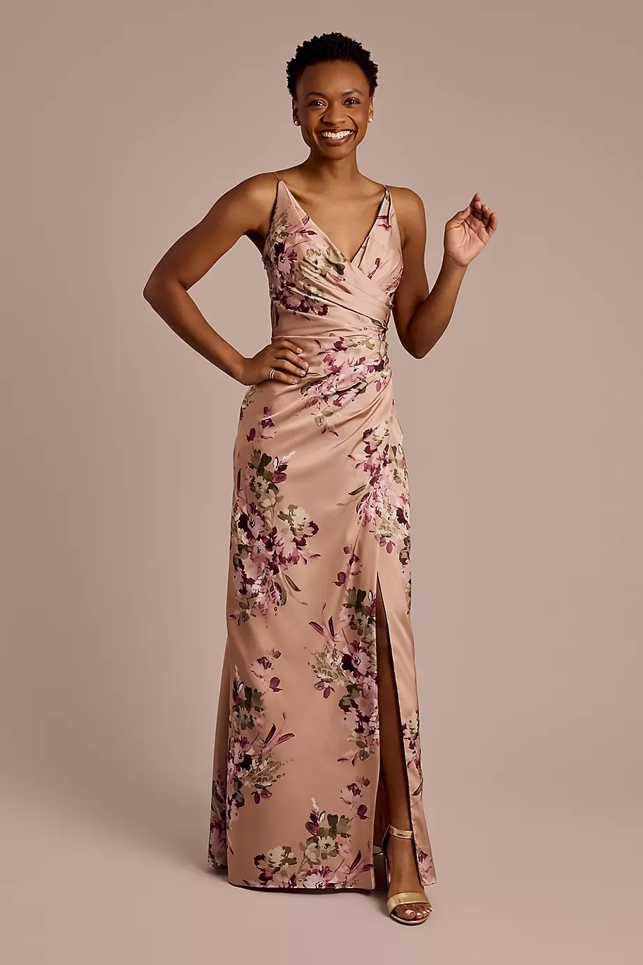 Galina Signature Draped Floral Charmeuse Strappy Bridesmaid Dress in Sand Bouquet Floral Print Size: 16 David's Bridal