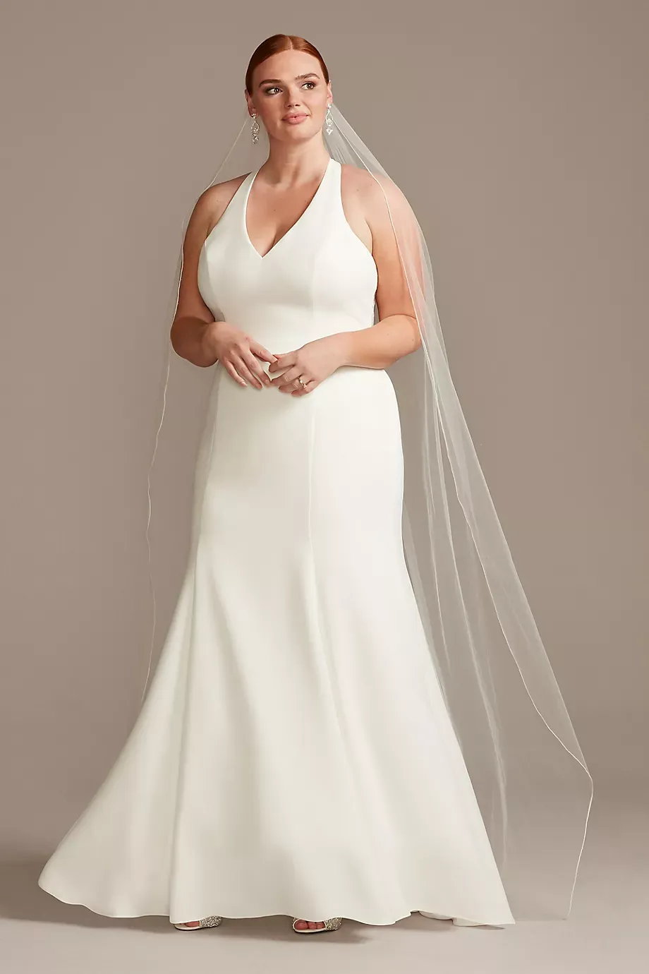 David's Bridal Collection Sheer Back Plus Size Wedding Dress With Lace Train in Soft White Size: 24W David's Bridal